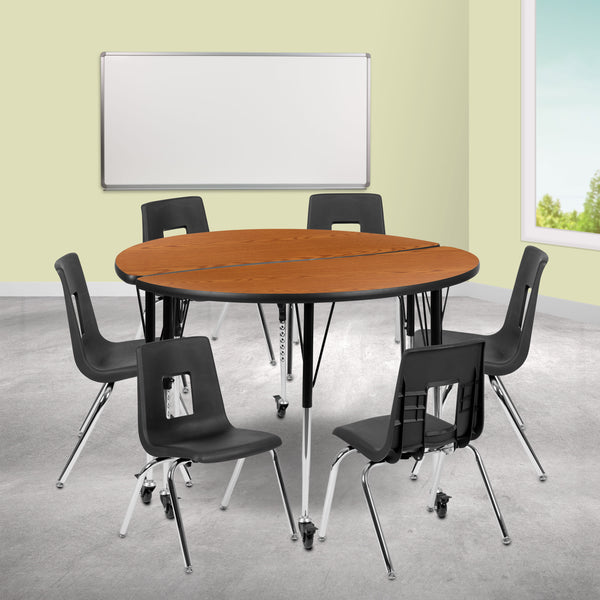 Oak |#| Mobile 47.5inch Circle Wave Activity Table Set-16inch Student Stack Chairs, Oak/Black