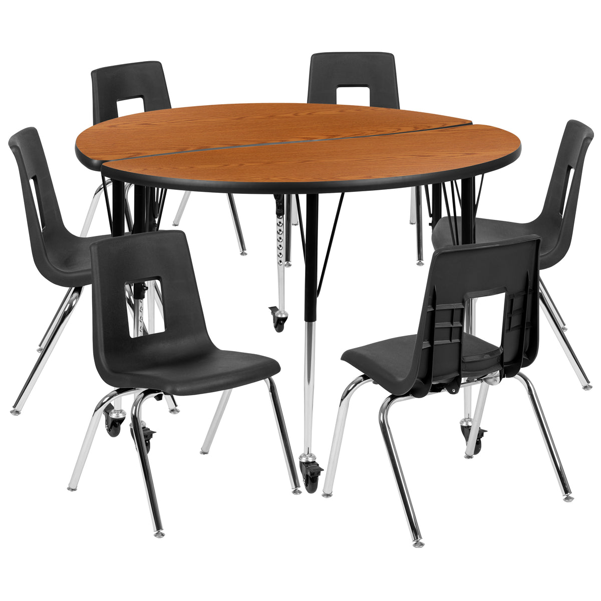 Oak |#| Mobile 47.5inch Circle Wave Activity Table Set-18inch Student Stack Chairs, Oak/Black