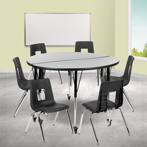 Grey |#| Mobile 47.5inch Circle Wave Activity Table Set-18inch Student Stack Chairs, Grey/Black