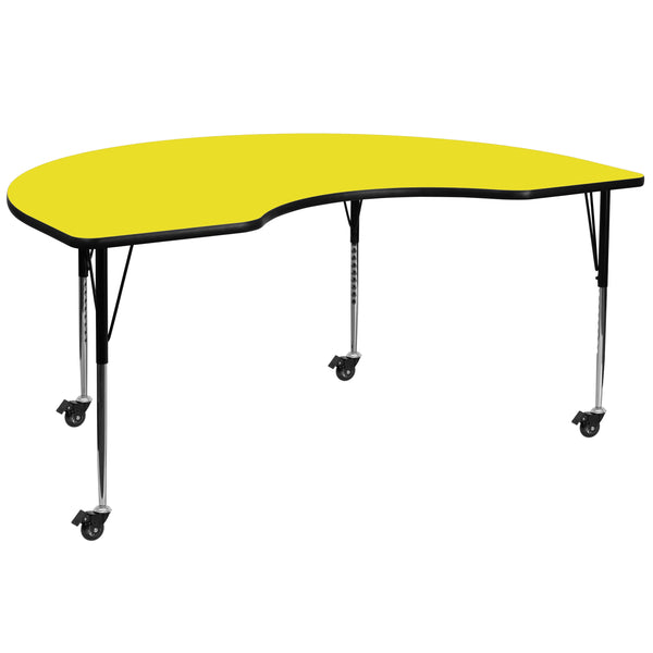 Yellow Top/Black Frame |#| Mobile 48"W x 72"L Kidney Yellow HP Laminate Adjustable Activity Table