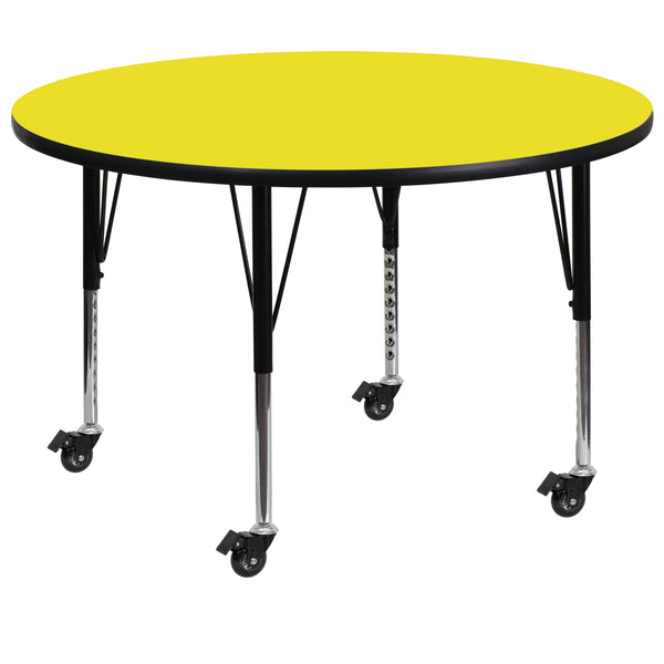 Yellow |#| Mobile 48inch RD Yellow HP Laminate Activity Table - Height Adjustable Short Legs
