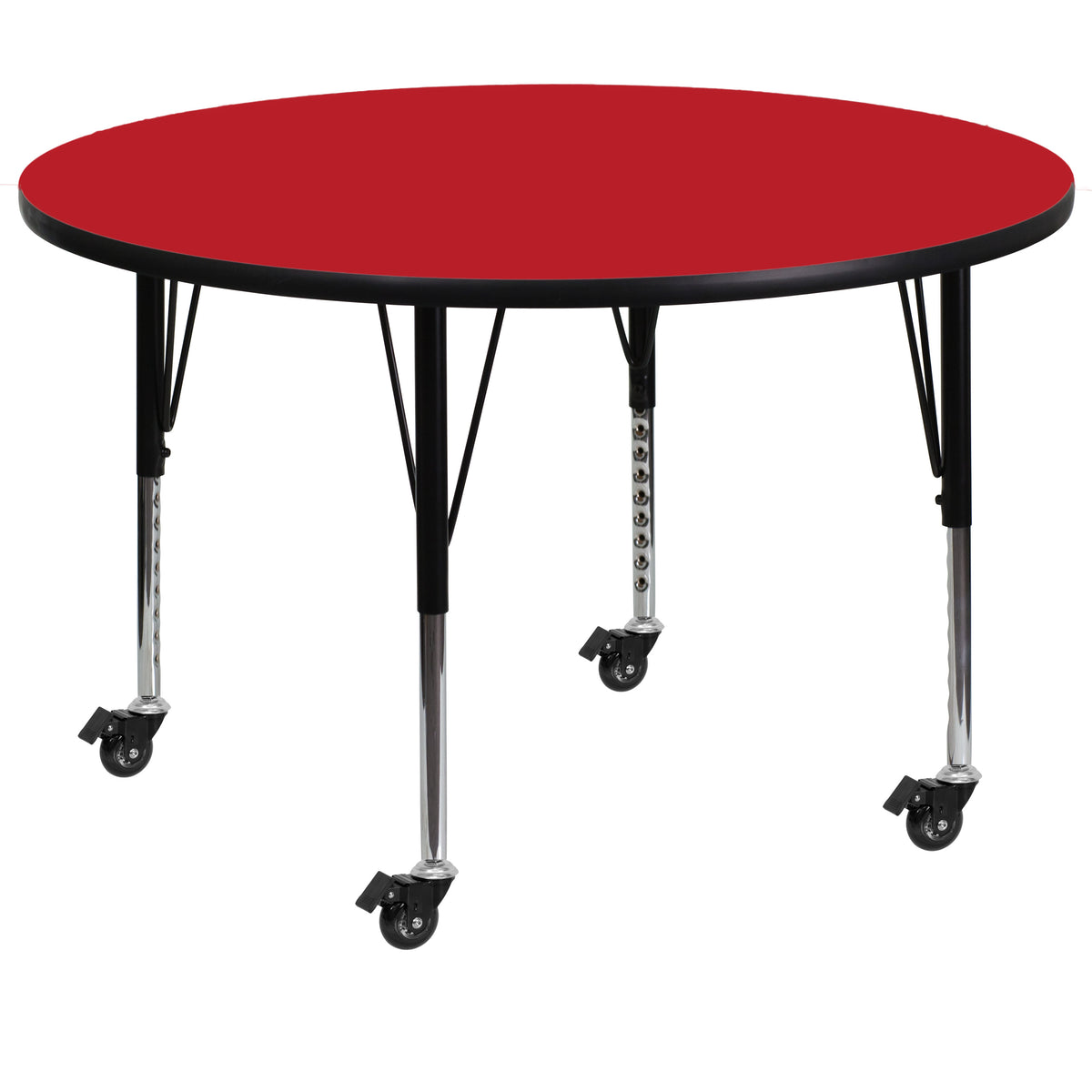 Red |#| Mobile 48inch Round Red HP Laminate Activity Table - Height Adjustable Short Legs