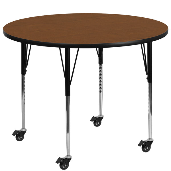 Oak |#| Mobile 48inch RD Oak HP Laminate Activity Table - Standard Height Adjustable Legs