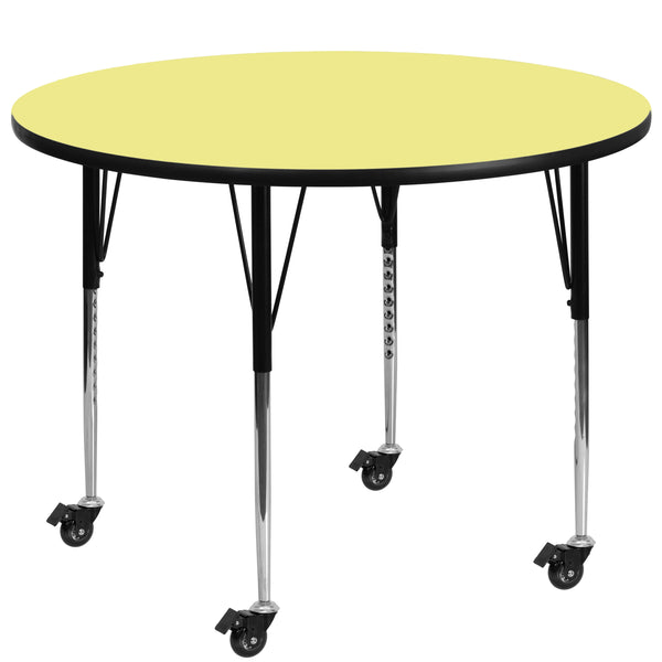 Yellow |#| Mobile 48inch Round Yellow Thermal Laminate Activity Table - Height Adjustable Legs