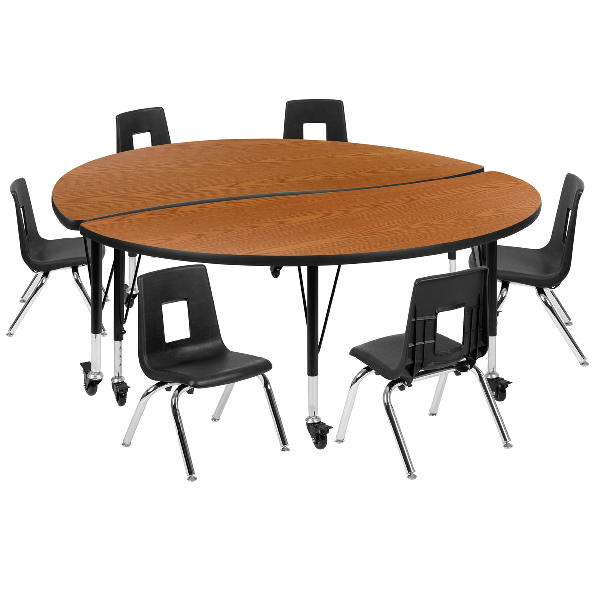 Oak |#| Mobile 60inch Circle Wave Activity Table Set-12inch Student Stack Chairs, Oak/Black