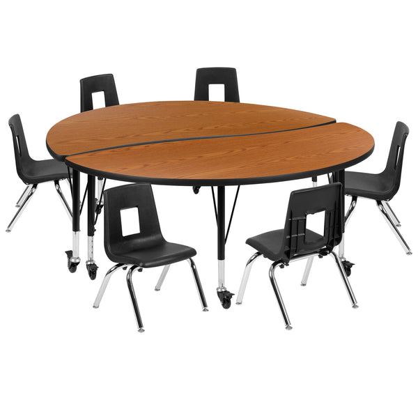 Oak |#| Mobile 60inch Circle Wave Activity Table Set-14inch Student Stack Chairs, Oak/Black