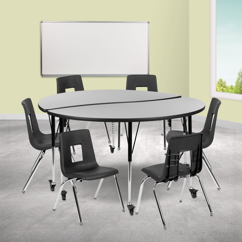 Grey |#| Mobile 60inch Circle Wave Activity Table Set-16inch Student Stack Chairs, Grey/Black
