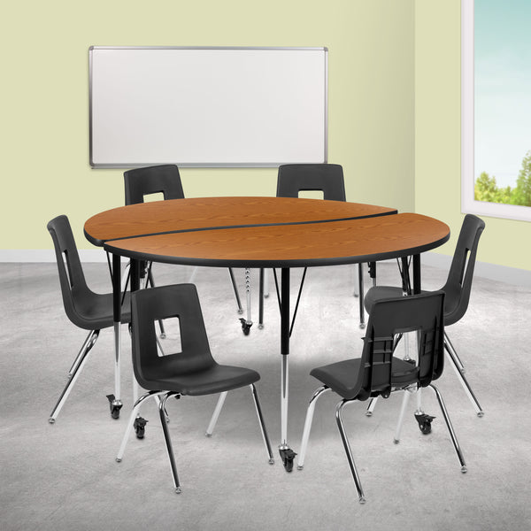 Oak |#| Mobile 60inch Circle Wave Activity Table Set-16inch Student Stack Chairs, Oak/Black