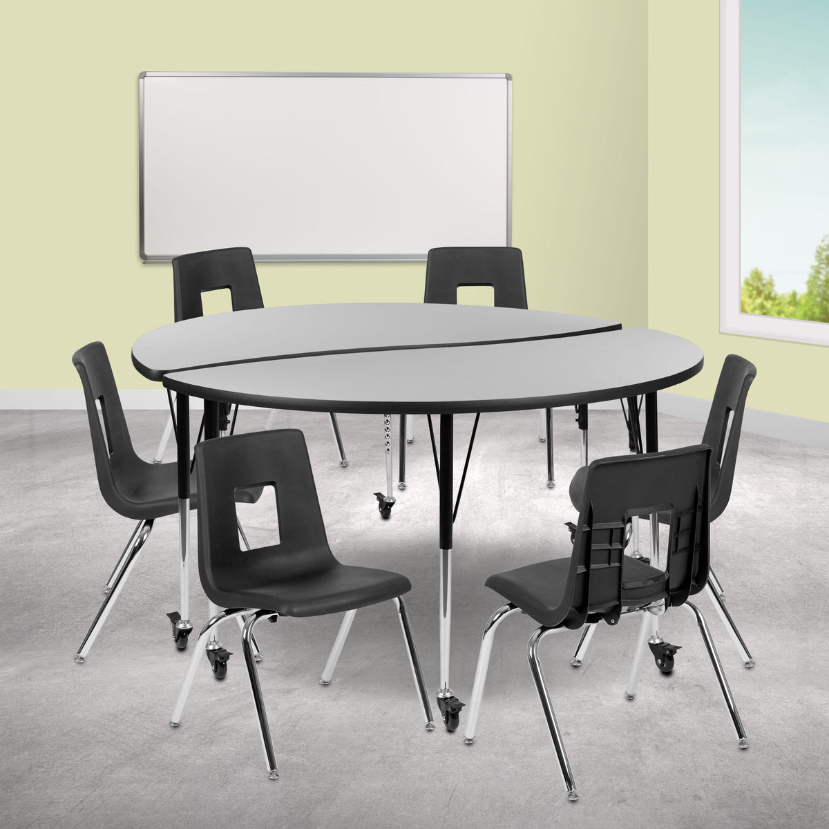Grey |#| Mobile 60inch Circle Wave Activity Table Set-18inch Student Stack Chairs, Grey/Black
