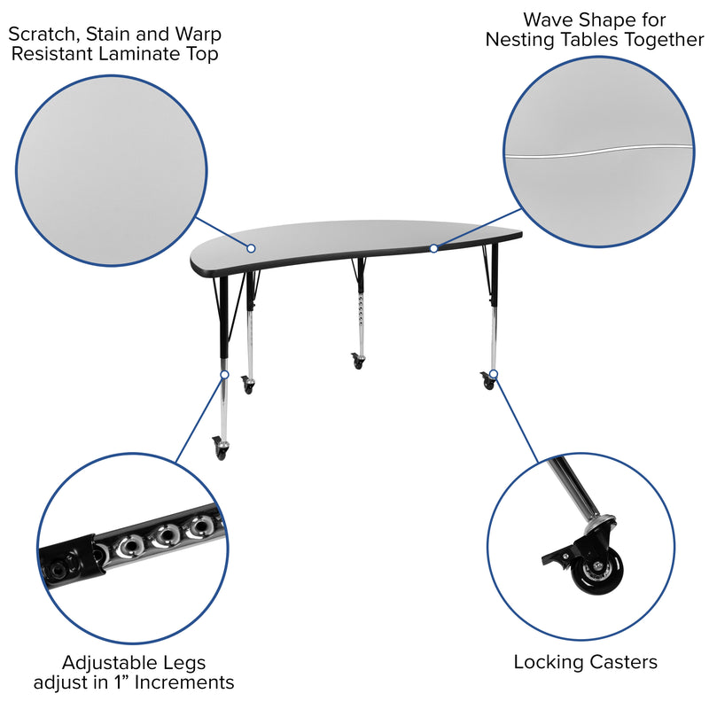 Grey |#| Mobile 60inch Half Circle Wave Collaborative Grey Adjustable Height Activity Table