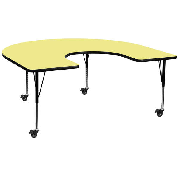 Yellow |#| Mobile 60inchW x 66inchL Horseshoe Yellow Thermal Laminate Adjustable Activity Table