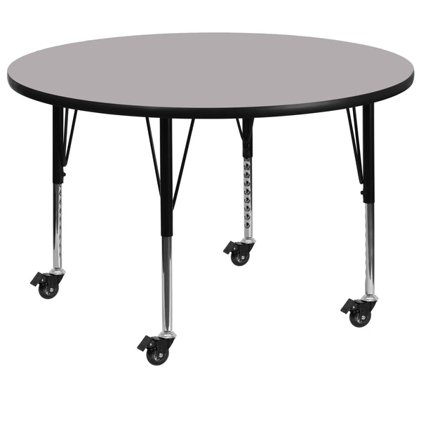 Gray |#| Mobile 60inch Round Grey Thermal Laminate Activity Table - Height Adjustable Legs