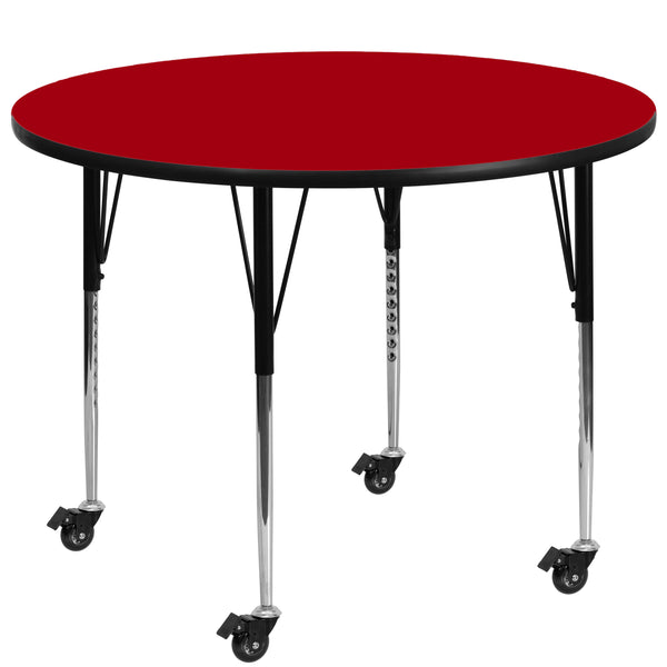 Red |#| Mobile 60inch Round Red Thermal Laminate Activity Table - Height Adjustable Legs