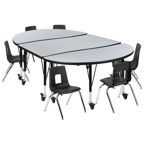 Grey |#| Mobile 76inch Oval Wave Activity Table Set-12inch Student Stack Chairs, Grey/Black