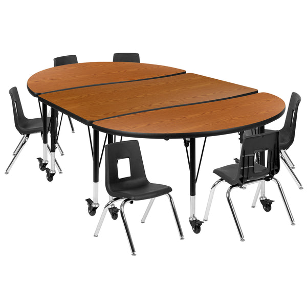 Oak |#| Mobile 76inch Oval Wave Activity Table Set-12inch Student Stack Chairs, Oak/Black