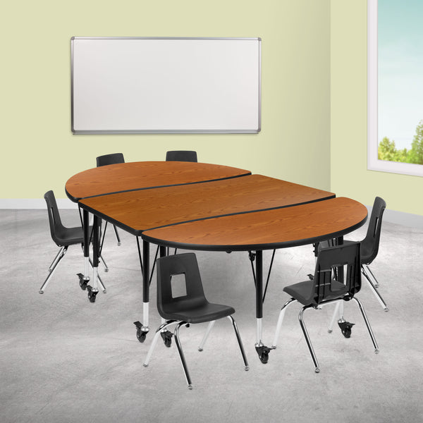 Oak |#| Mobile 76inch Oval Wave Activity Table Set-12inch Student Stack Chairs, Oak/Black