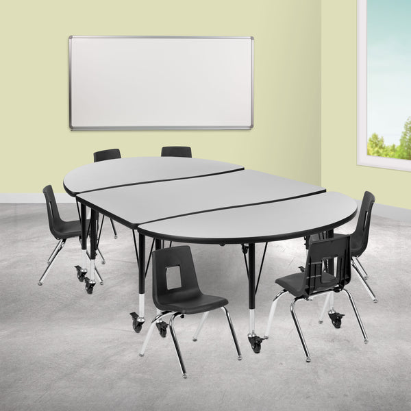 Grey |#| Mobile 76inch Oval Wave Activity Table Set-12inch Student Stack Chairs, Grey/Black