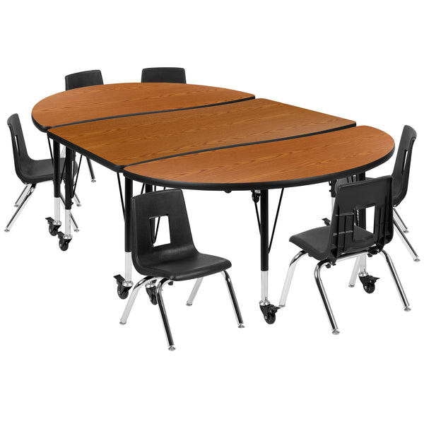 Oak |#| Mobile 76inch Oval Wave Activity Table Set-14inch Student Stack Chairs, Oak/Black