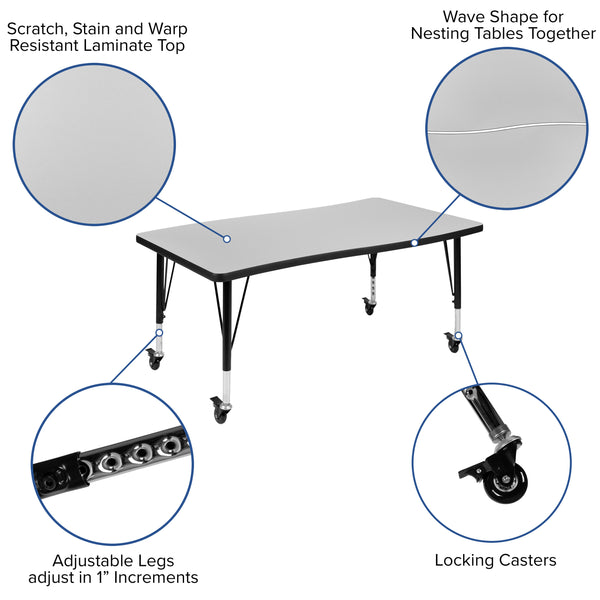 Grey |#| Mobile 76inch Oval Wave Activity Table Set-14inch Student Stack Chairs, Grey/Black