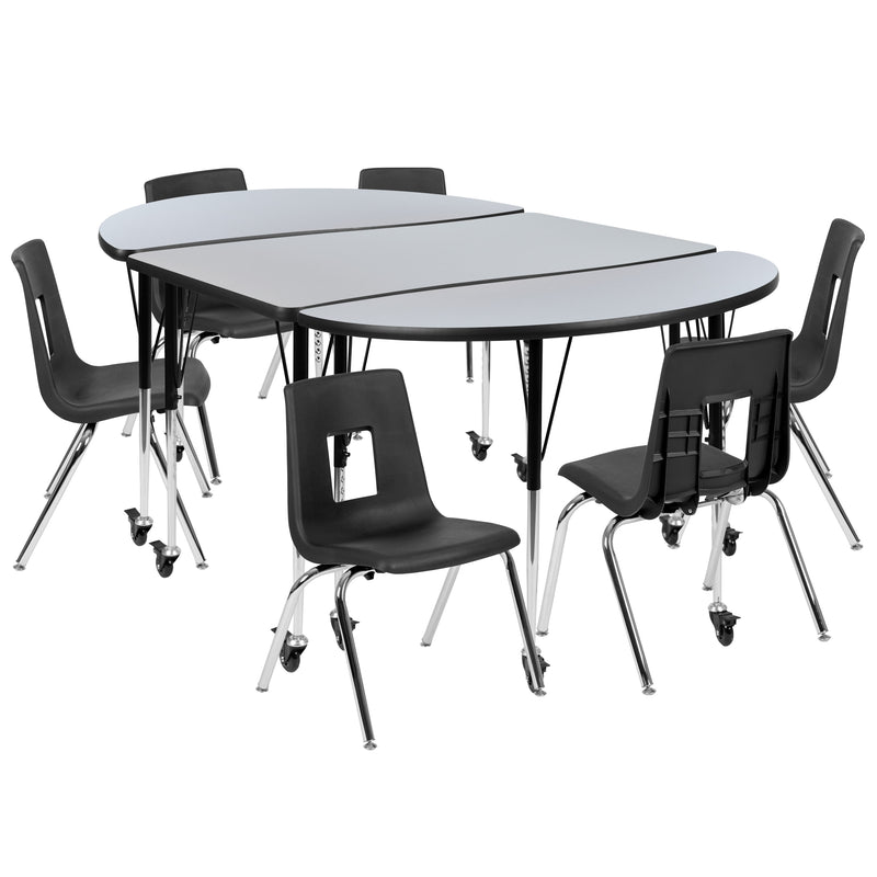 Grey |#| Mobile 76inch Oval Wave Activity Table Set-16inch Student Stack Chairs, Grey/Black