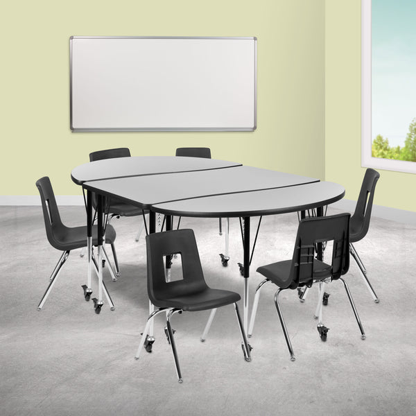 Grey |#| Mobile 76inch Oval Wave Activity Table Set-16inch Student Stack Chairs, Grey/Black