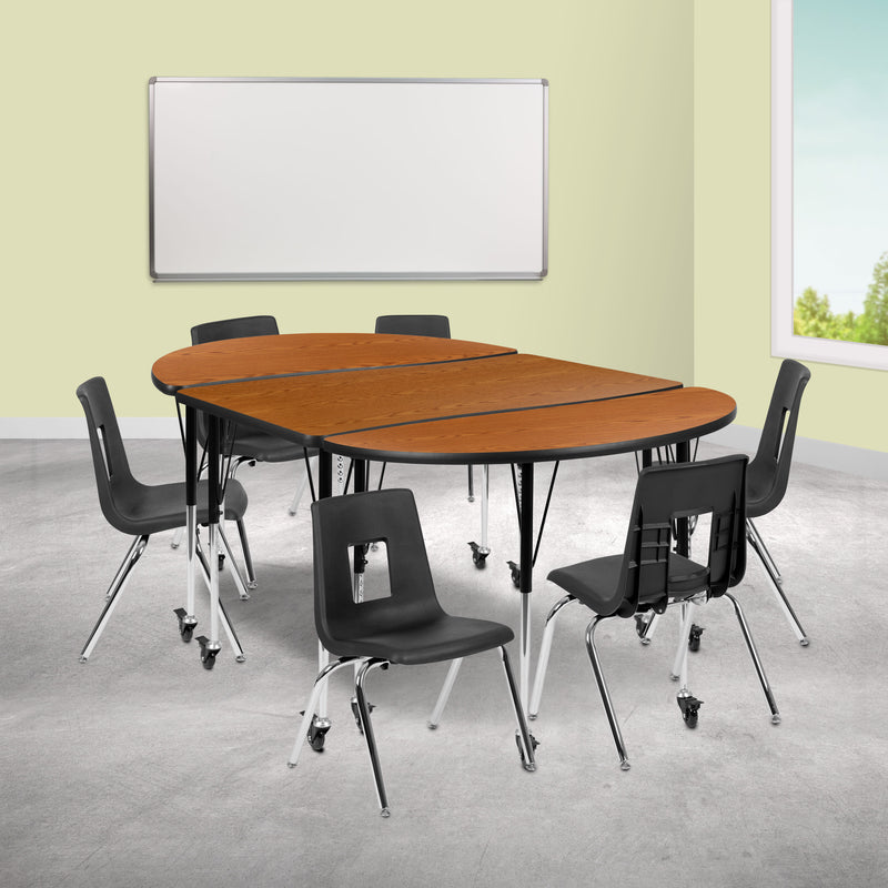 Oak |#| Mobile 76inch Oval Wave Activity Table Set-16inch Student Stack Chairs, Oak/Black