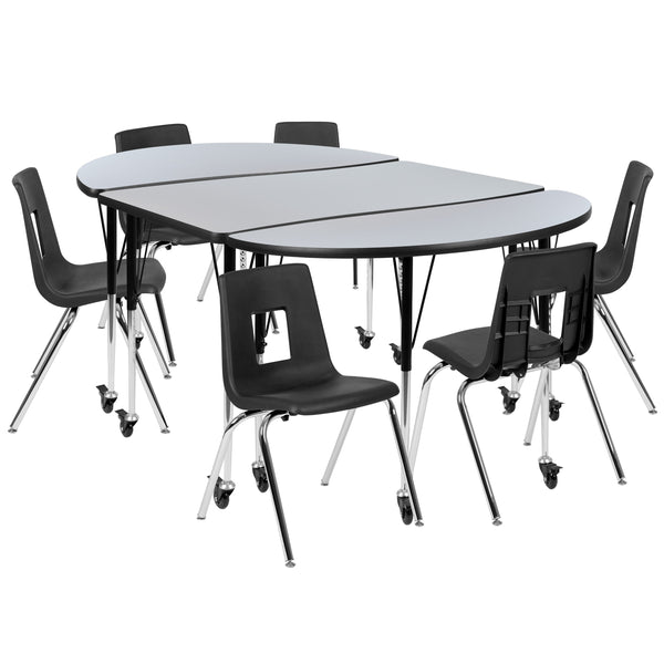 Grey |#| Mobile 76inch Oval Wave Activity Table Set-18inch Student Stack Chairs, Grey/Black