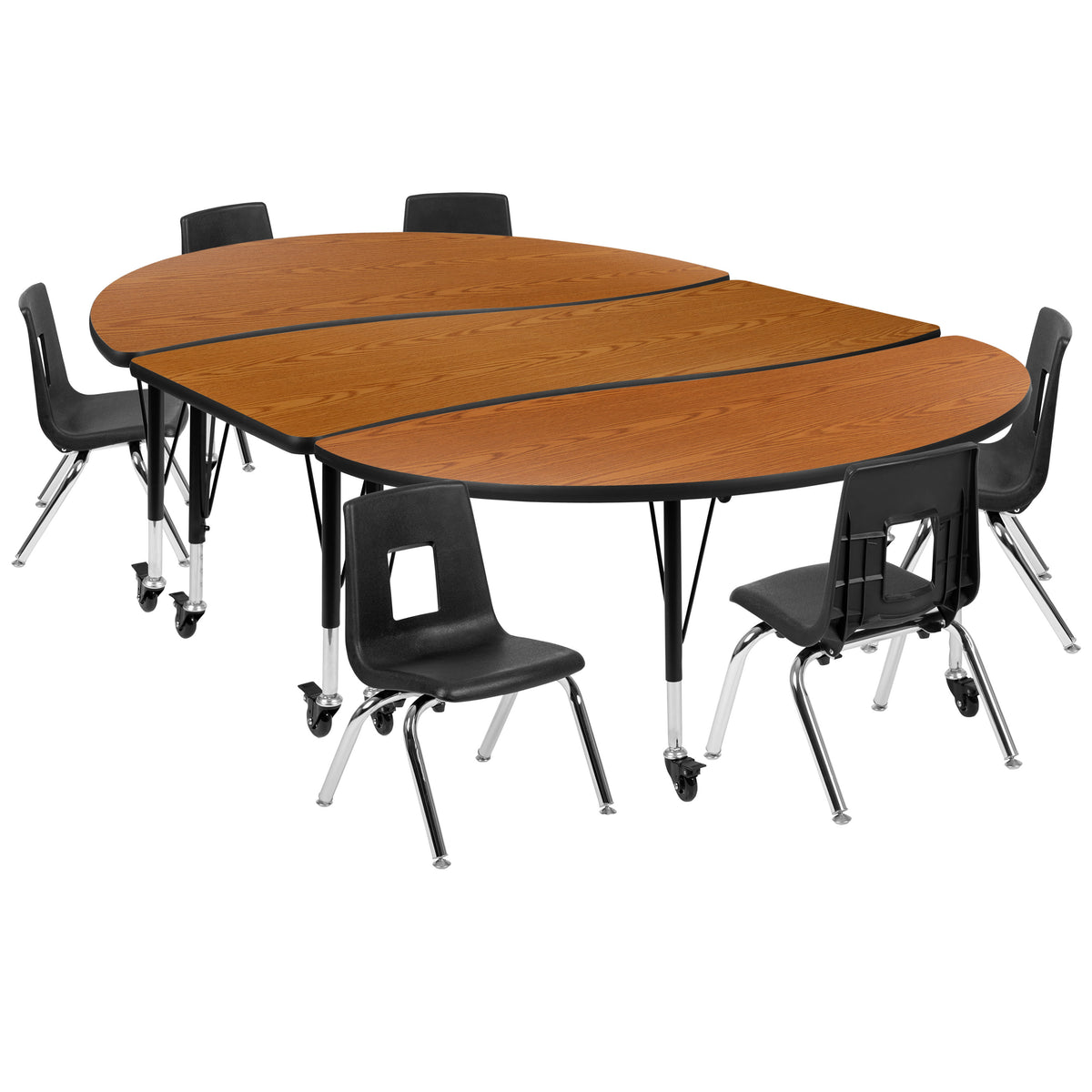Oak |#| Mobile 86inch Oval Wave Activity Table Set-12inch Student Stack Chairs, Oak/Black