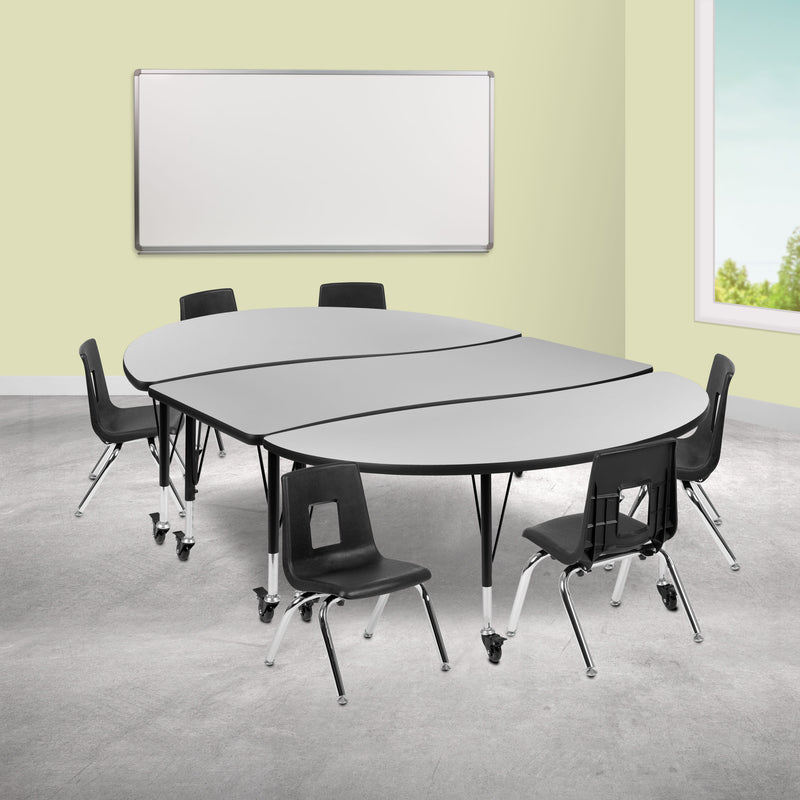 Grey |#| Mobile 86inch Oval Wave Activity Table Set-12inch Student Stack Chairs, Grey/Black