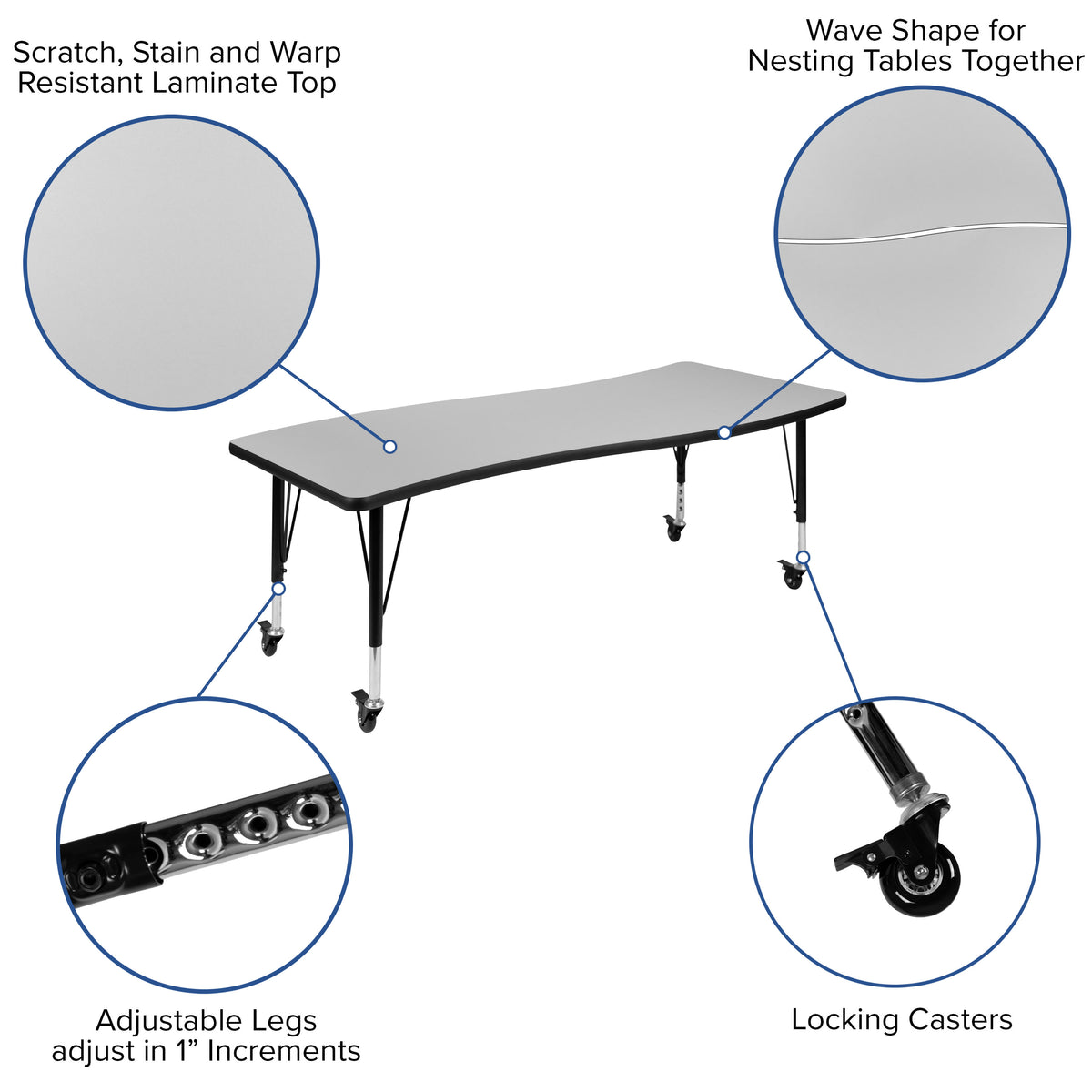 Grey |#| Mobile 86inch Oval Wave Activity Table Set-12inch Student Stack Chairs, Grey/Black