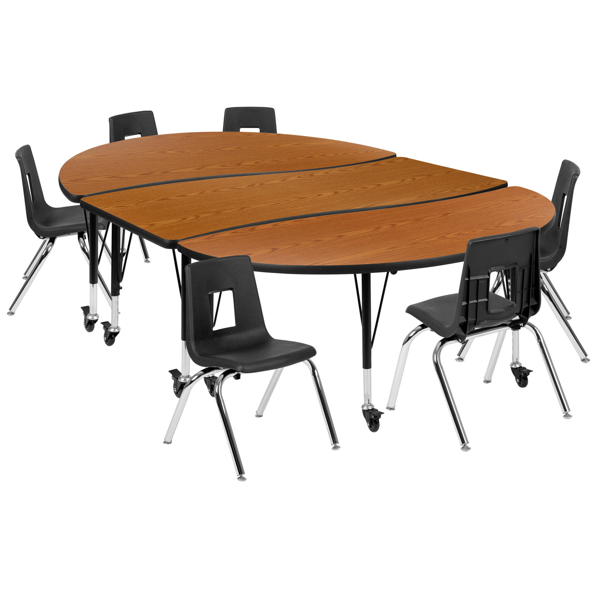 Oak |#| Mobile 86inch Oval Wave Activity Table Set-14inch Student Stack Chairs, Oak/Black