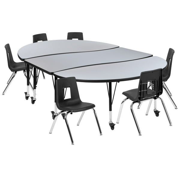 Grey |#| Mobile 86inch Oval Wave Activity Table Set-14inch Student Stack Chairs, Grey/Black