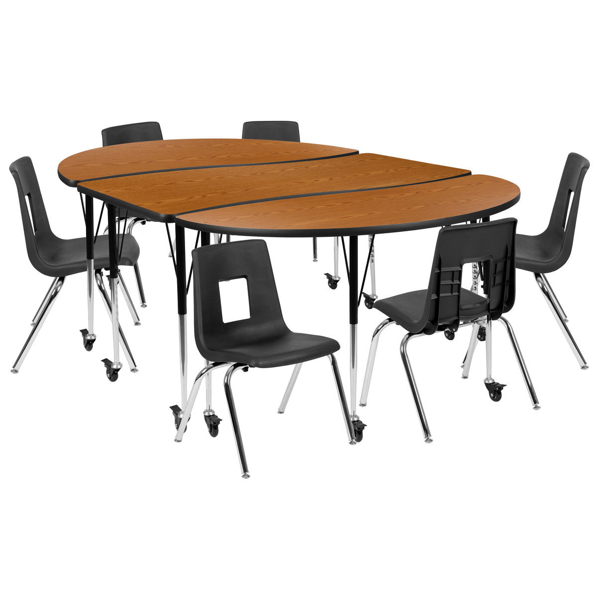 Oak |#| Mobile 86inch Oval Wave Activity Table Set-16inch Student Stack Chairs, Oak/Black