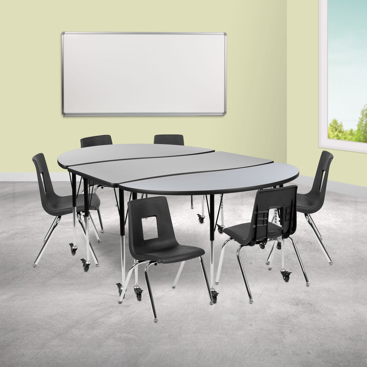 Grey |#| Mobile 86inch Oval Wave Activity Table Set-16inch Student Stack Chairs, Grey/Black