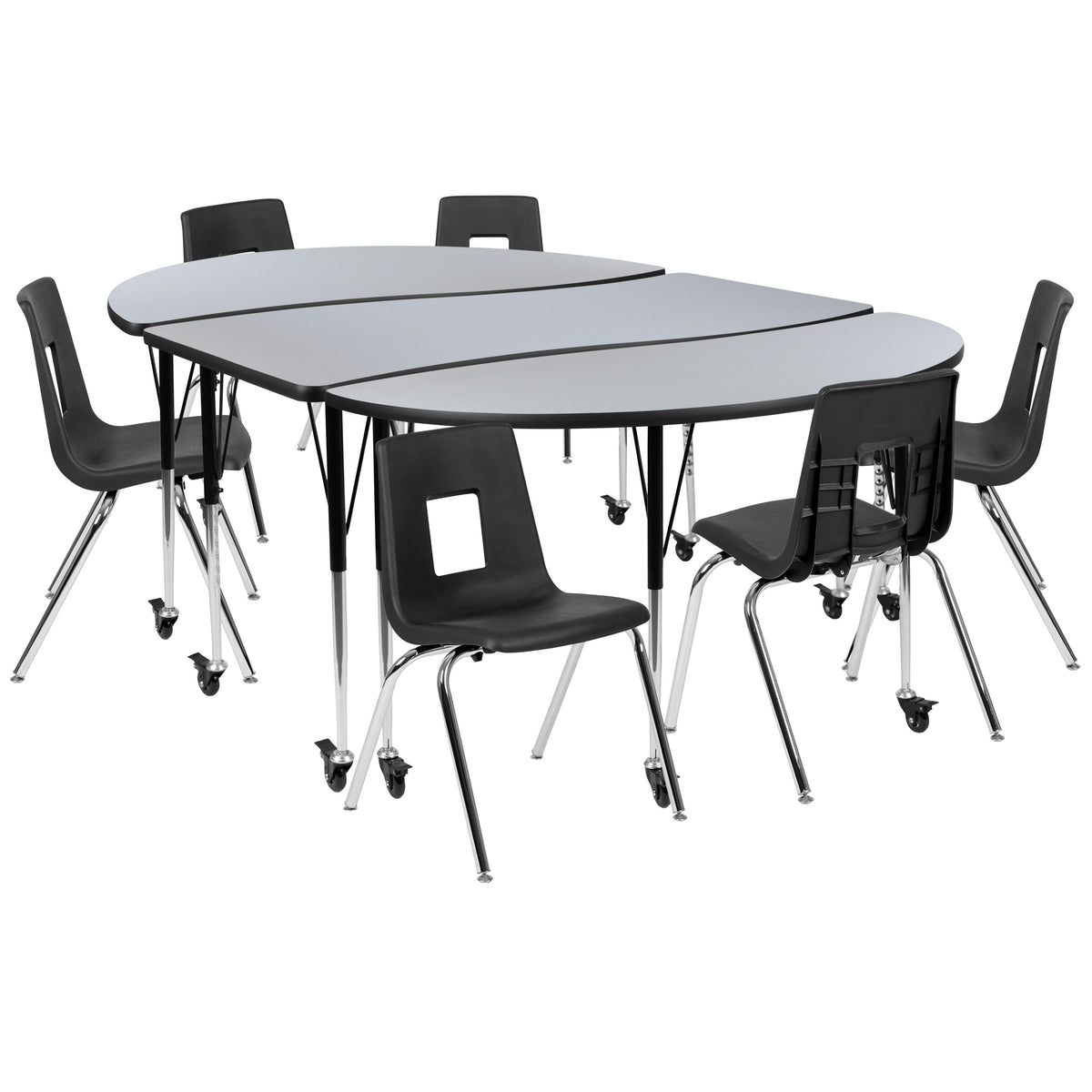 Grey |#| Mobile 86inch Oval Wave Activity Table Set-18inch Student Stack Chairs, Grey/Black