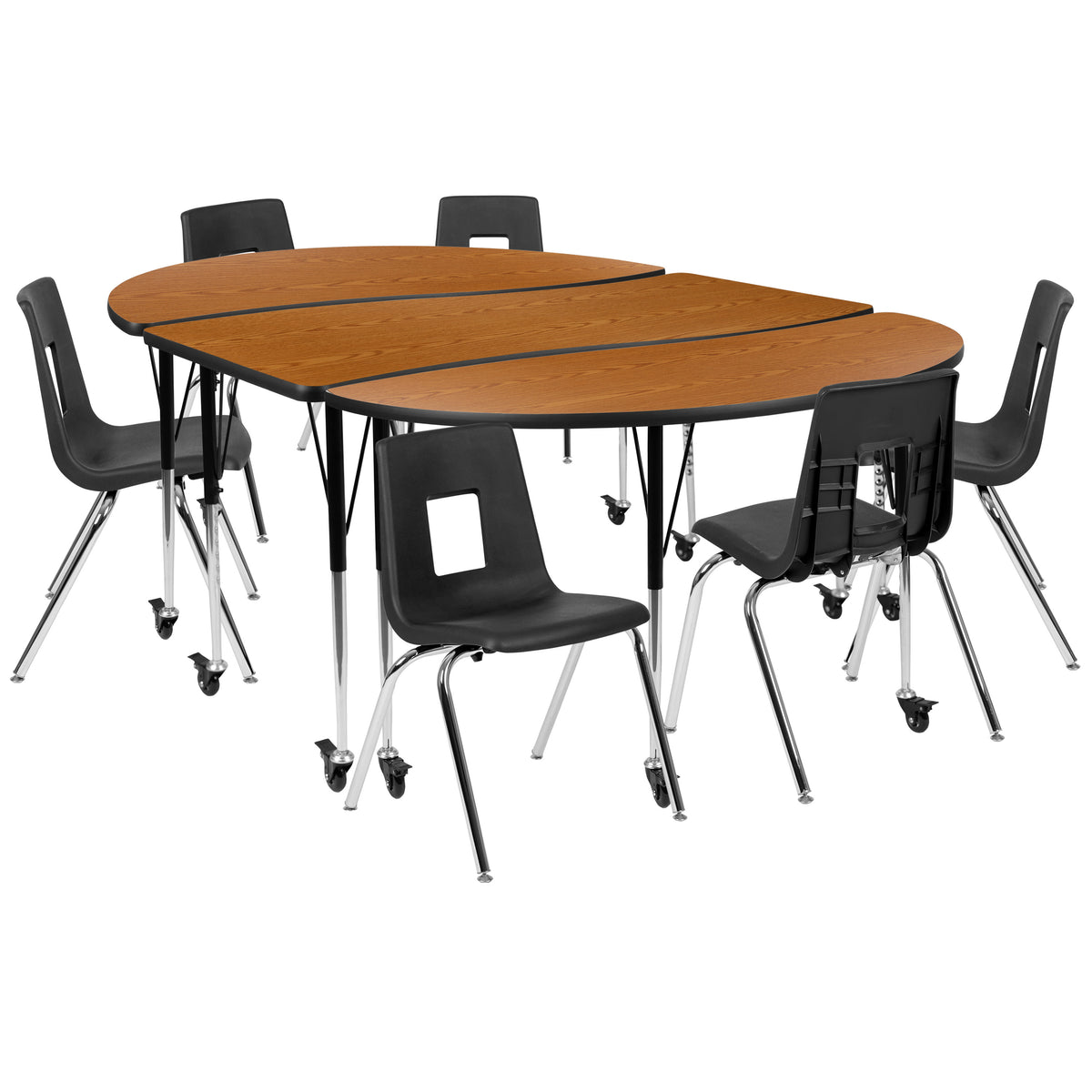 Oak |#| Mobile 86inch Oval Wave Activity Table Set-18inch Student Stack Chairs, Oak/Black
