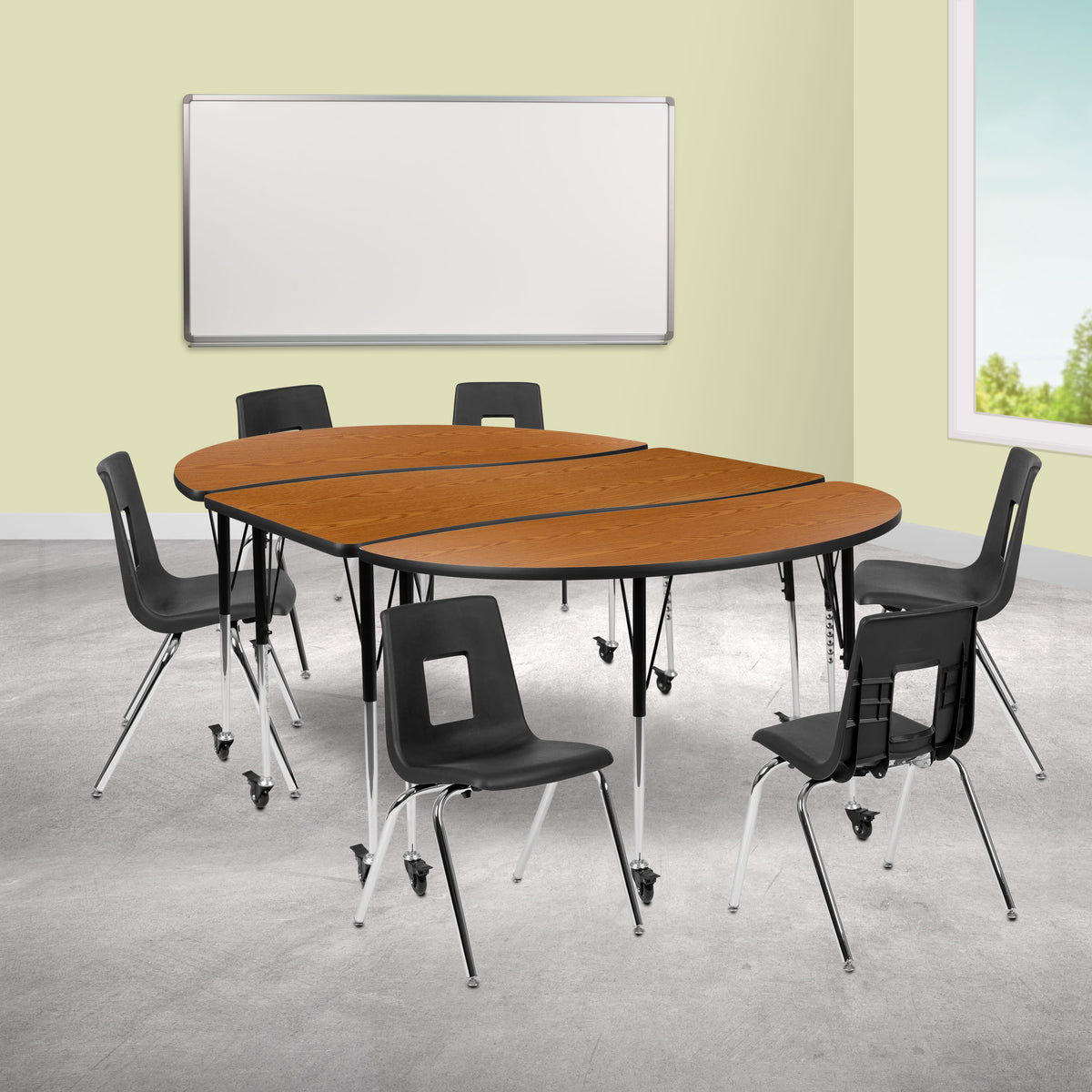 Oak |#| Mobile 86inch Oval Wave Activity Table Set-18inch Student Stack Chairs, Oak/Black