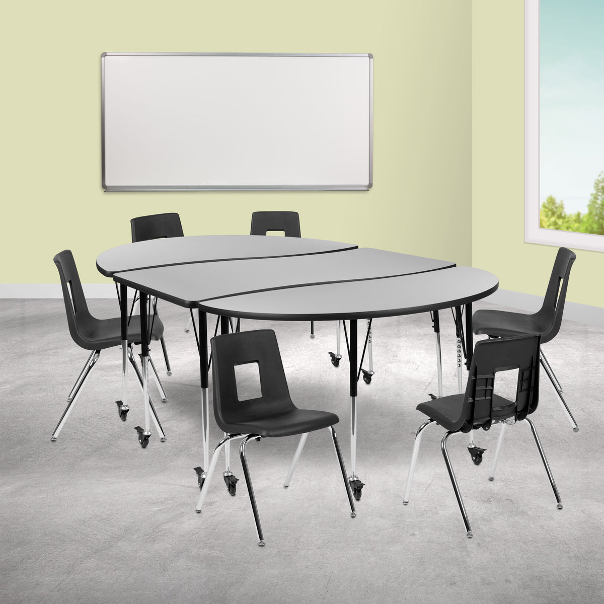 Grey |#| Mobile 86inch Oval Wave Activity Table Set-18inch Student Stack Chairs, Grey/Black