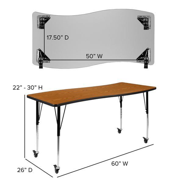 Oak |#| Mobile 86inch Oval Wave Activity Table Set-18inch Student Stack Chairs, Oak/Black