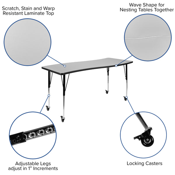 Grey |#| Mobile 86inch Oval Wave Activity Table Set-18inch Student Stack Chairs, Grey/Black