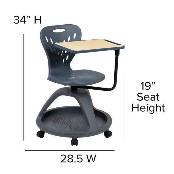 Dark Gray |#| Dark Gray Mobile Desk Chair - 360° Tablet Rotation and Storage Cubby