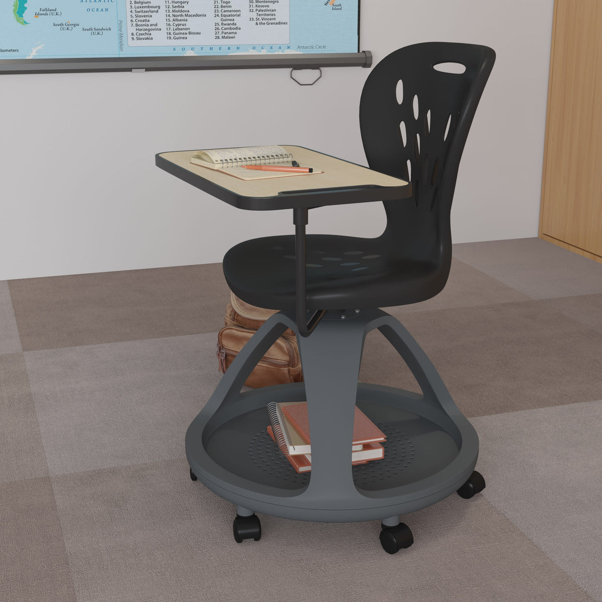 Black |#| Black Mobile Desk Chair - 360° Tablet Rotation and Storage Cubby