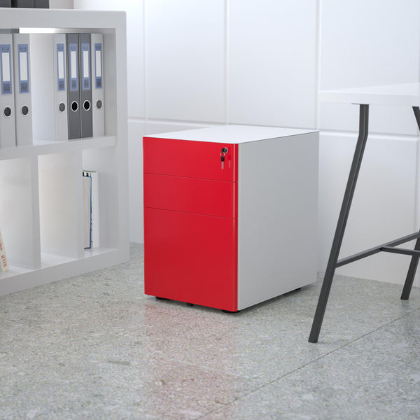 White and Red |#| Modern 3-Drawer Mobile Locking Filing Cabinet-White with Red Faceplate