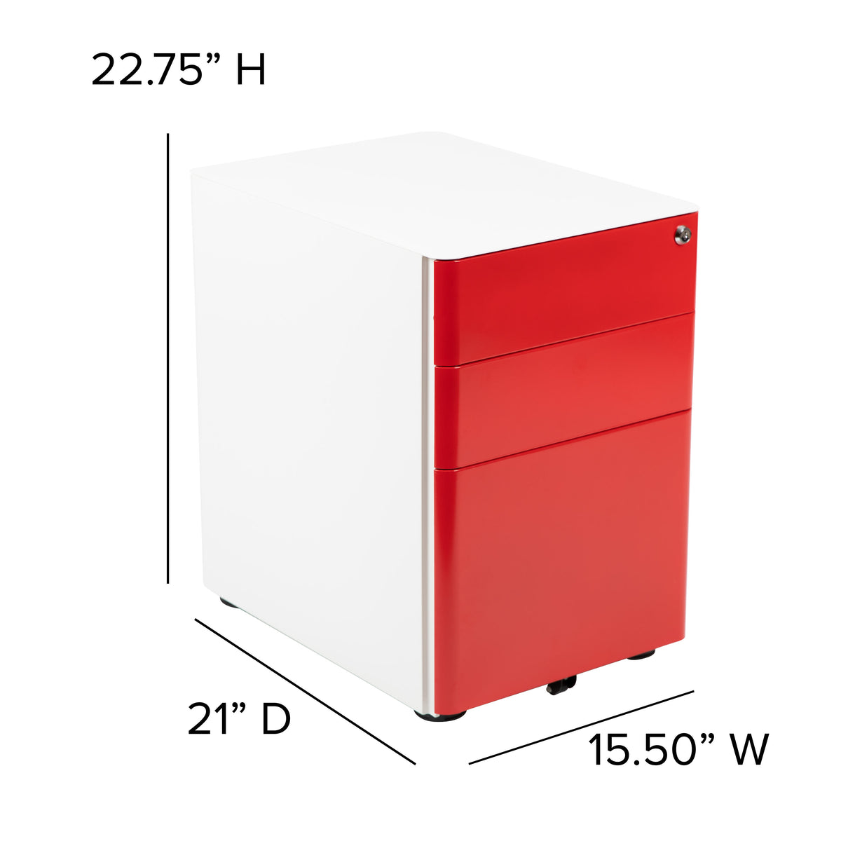 White and Red |#| Modern 3-Drawer Mobile Locking Filing Cabinet-White with Red Faceplate