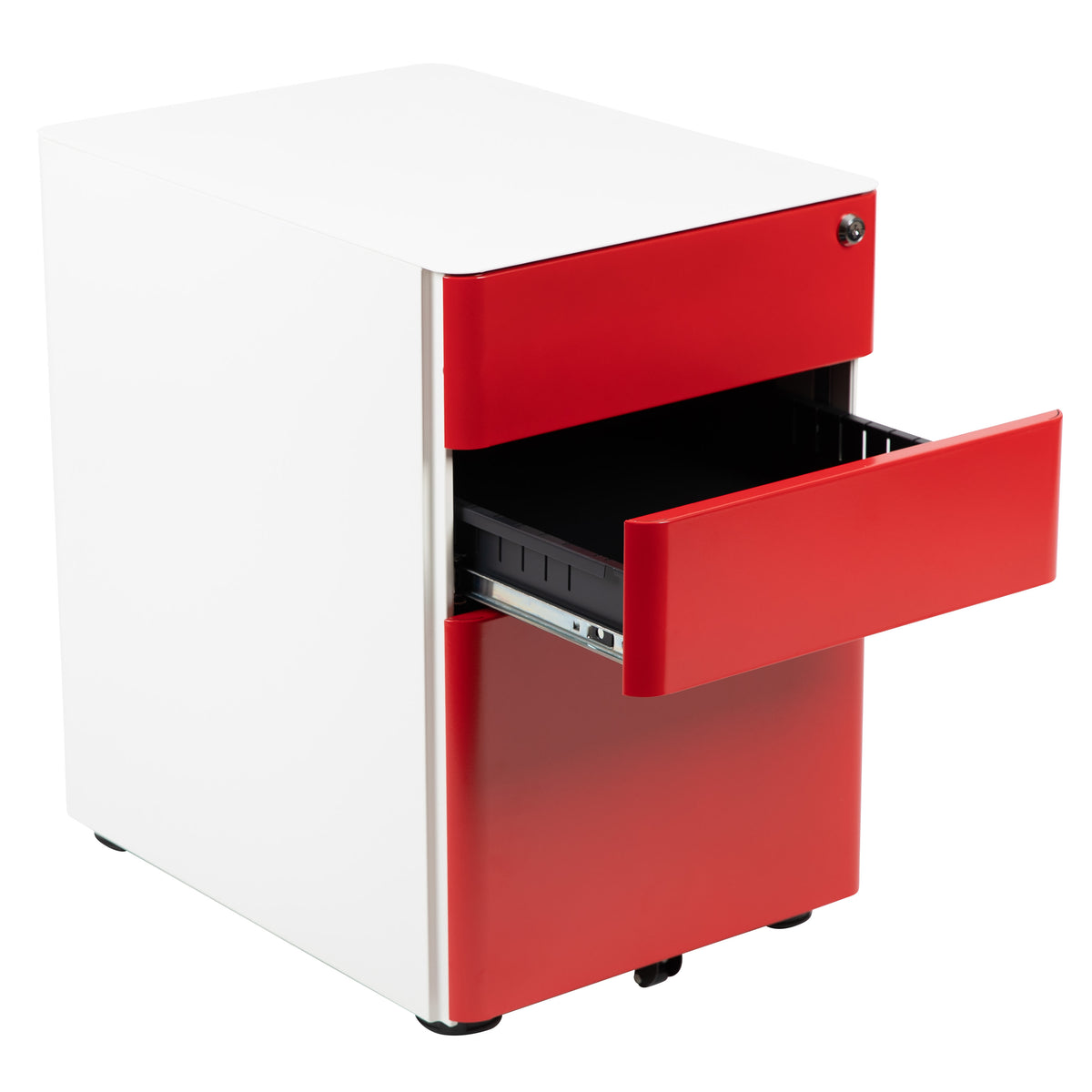 White and Red |#| Modern 3-Drawer Mobile Locking Filing Cabinet-White with Red Faceplate