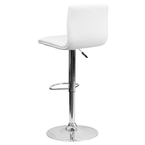 White Vinyl/Chrome Frame |#| White Vinyl Adjustable Height Barstool w/ Horizontal Stitch Back & Chrome Base