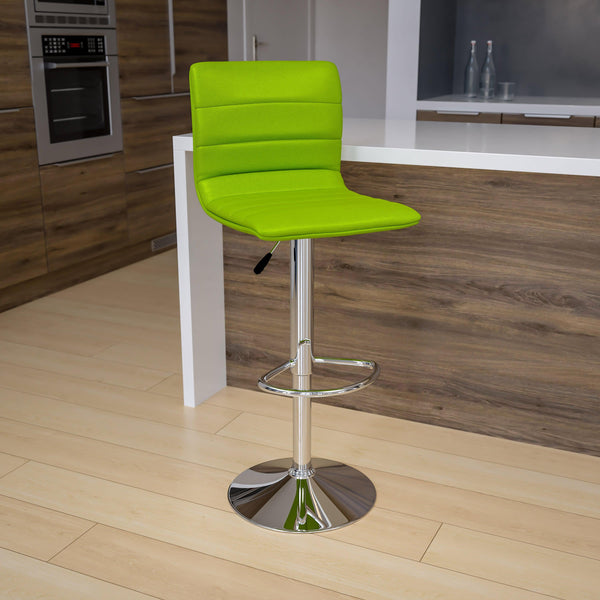 Green Vinyl/Chrome Frame |#| Green Vinyl Adjustable Height Barstool w/ Horizontal Stitch Back & Chrome Base