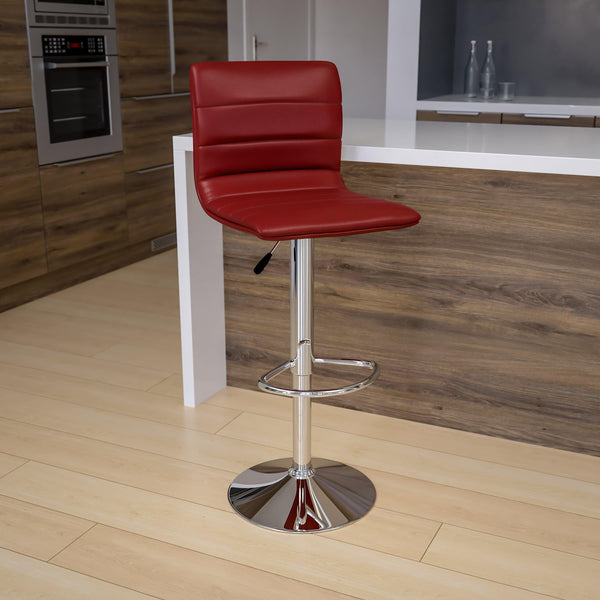 Burgundy Vinyl/Chrome Frame |#| Burgundy Vinyl Adjustable Height Barstool with Horizontal Stitch Back