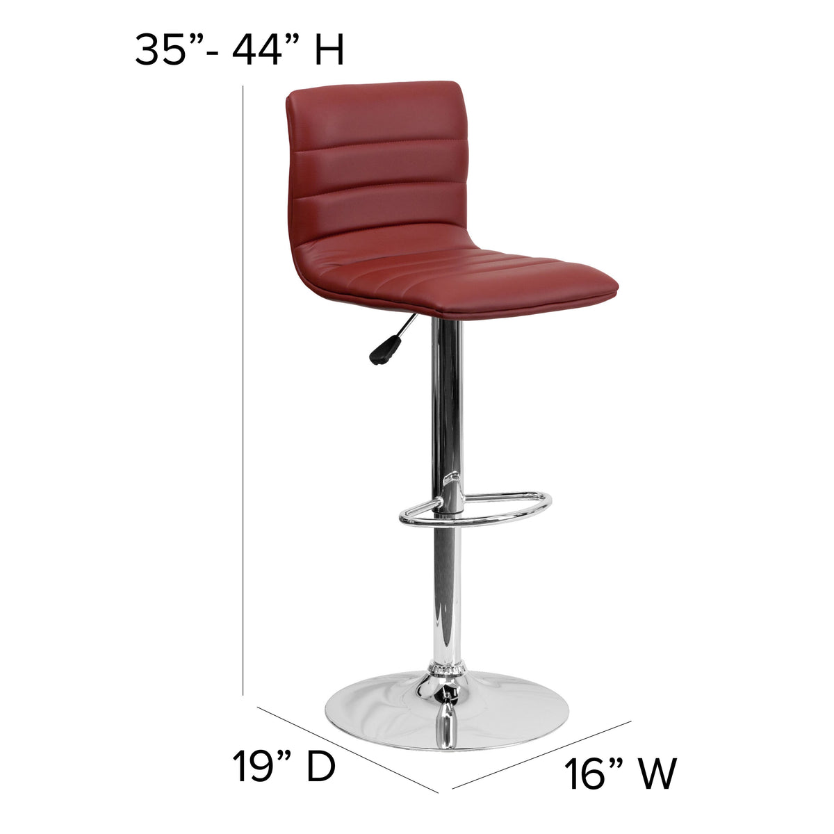 Burgundy Vinyl/Chrome Frame |#| Burgundy Vinyl Adjustable Height Barstool with Horizontal Stitch Back