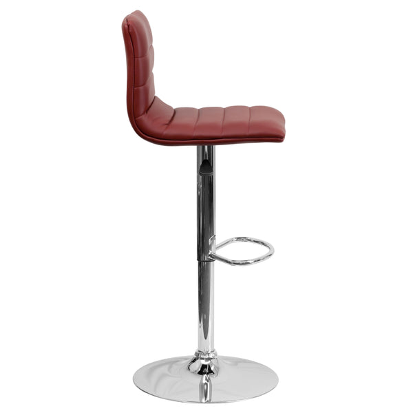 Burgundy Vinyl/Chrome Frame |#| Burgundy Vinyl Adjustable Height Barstool with Horizontal Stitch Back